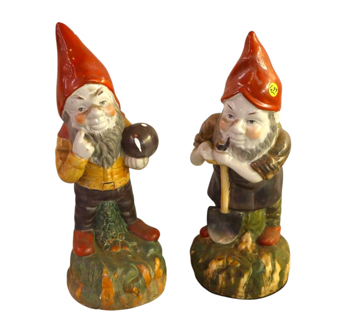 2 porcelain painted garden gnomes, original paint: 2 porcelain painted garden gnomes, original paint, structurally sound, do show age and one has old crack see photos. 16"h x 6" diameter
