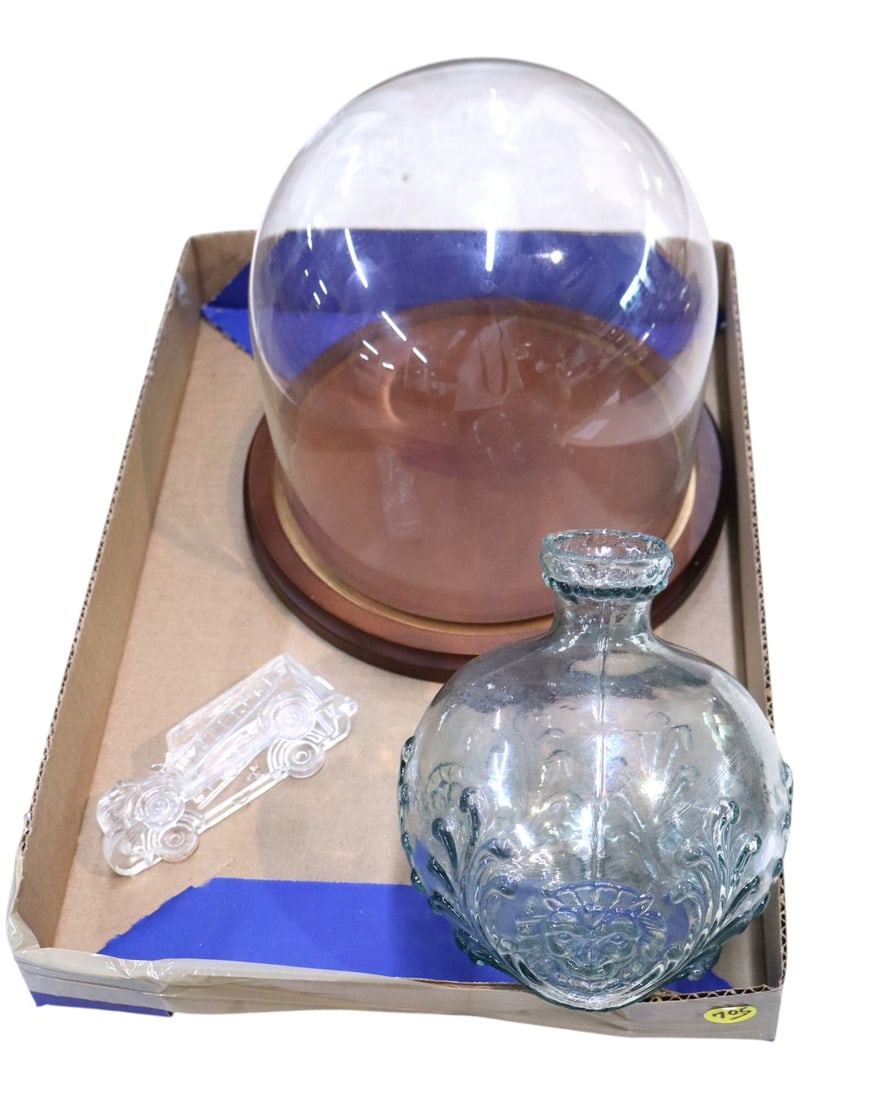 3pc lot: glass dome cheese dish, candy container, lion head jug (1 of 3)