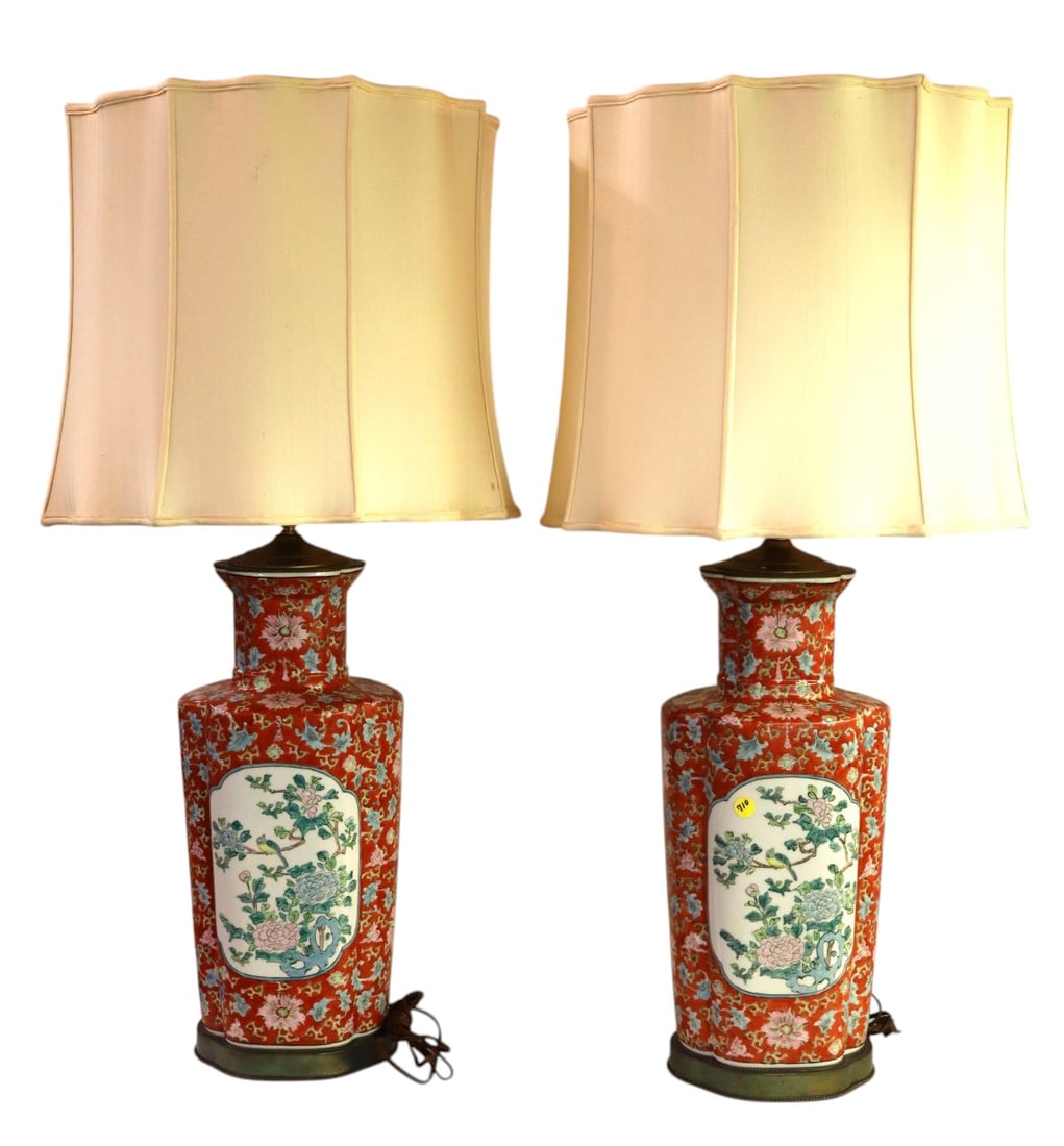 PR VTG Asian paint decorated porcelain lamps & shades: Nice pair of vintage Asian paint decorated porcelain lamps with shades, no noticeable issues, structurally sound. Ea. 36"h x 8"w x 7"d, shades 15"h x 17" diameter