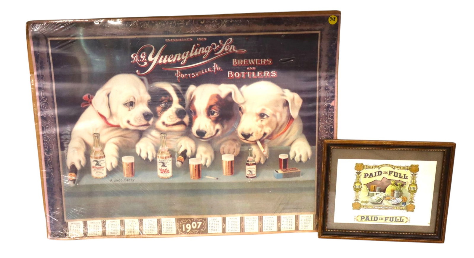 VTG Yuengling and Son & Paid in Full $100 plaque: 2 vintage advertisement lot: Yuengling & Son and paid in full $100 plaque