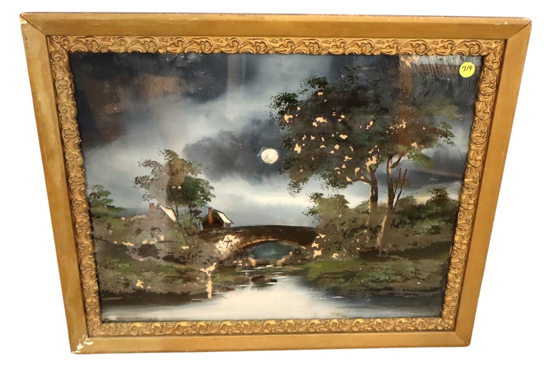 Antique reversed painted on glass framed artwork: Antique reversed painted on glass framed artwork, rough with paint loss. 19"h x 23"w