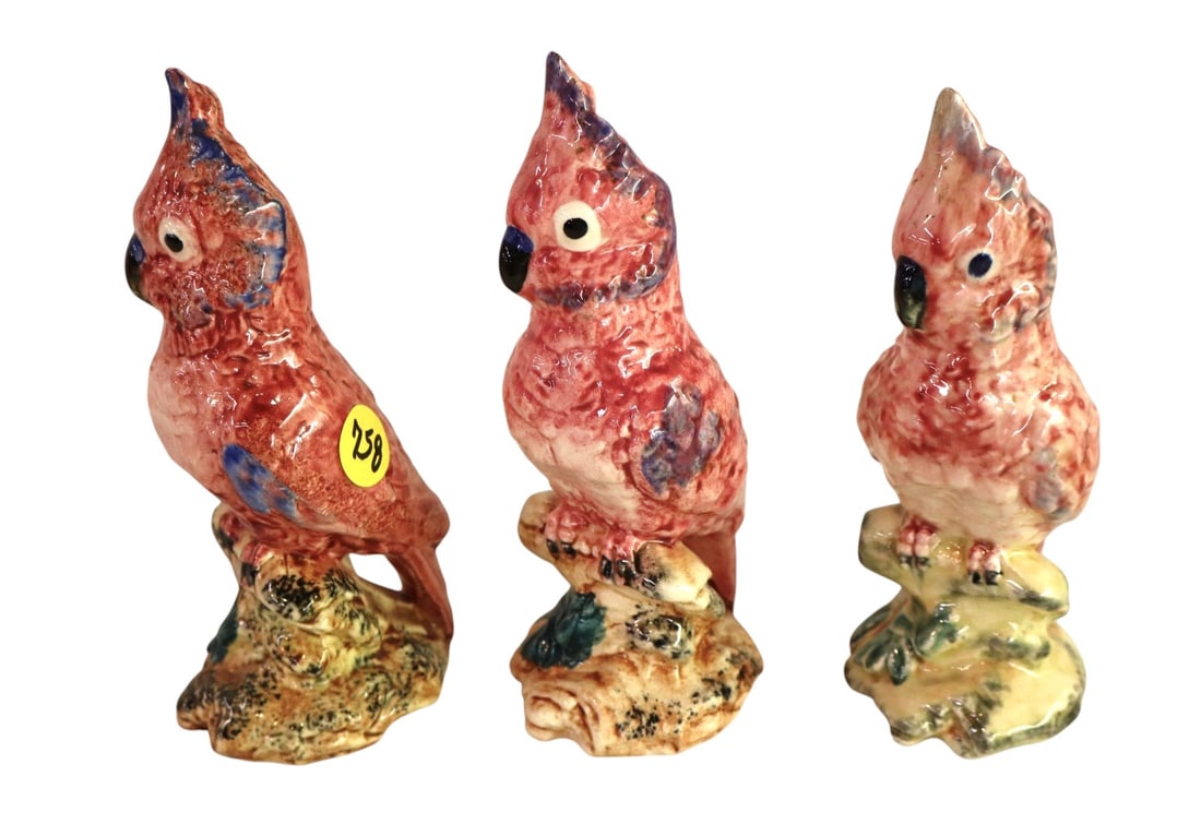 3 vintage Stangl 6" pink cockatoo porcelain birds: 3 vintage Stangl 6" pink cockatoo porcelain birds