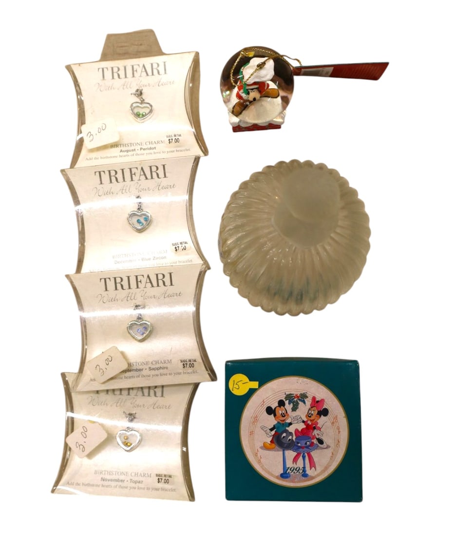 4 VTG Trifari pendants, snow globe, crystal bell, Minie Mouse plate (1 of 2)