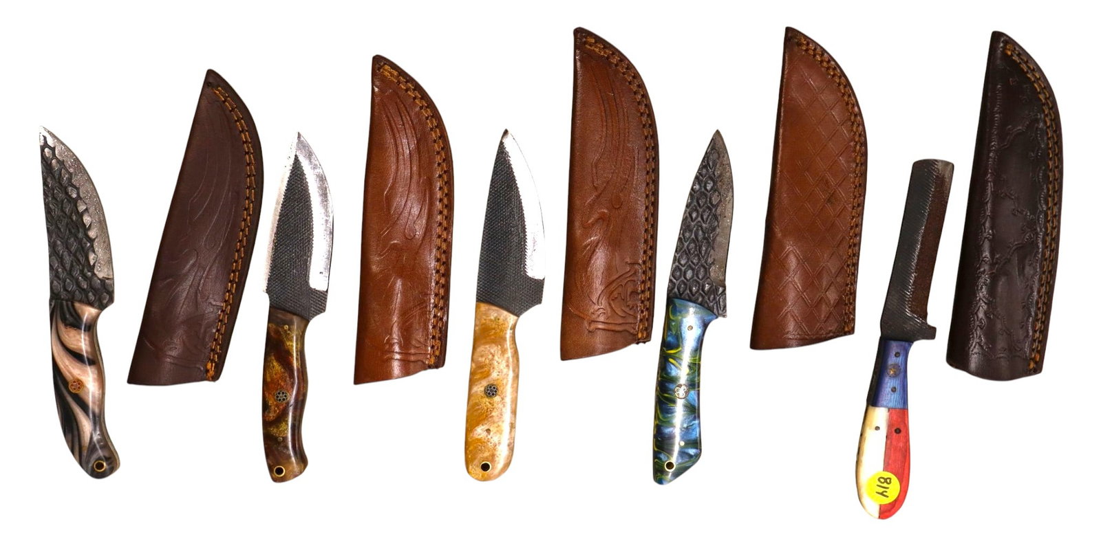 5 hand crafted damascus knives, sheaths w/belt loops: 5 hand crafted knives with damascus blades and sheaths with belt loops approximately 9.5"