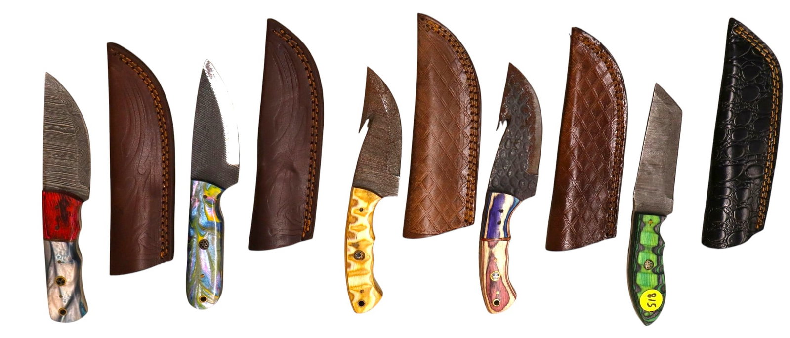 5 hand crafted damascus knives, sheaths w/belt loops (1 of 1)
