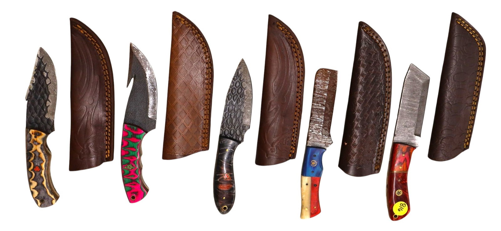 5 hand crafted damascus knives, sheaths w/belt loops: 5 hand crafted knives with damascus blades and sheaths with belt loops approximately 9.5"