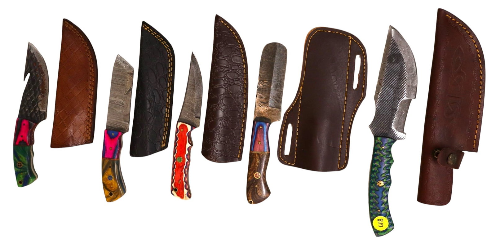 5 hand crafted damascus knives, sheaths w/belt loops: 5 hand crafted knives with damascus blades and sheaths with belt loops approximately 9.5"