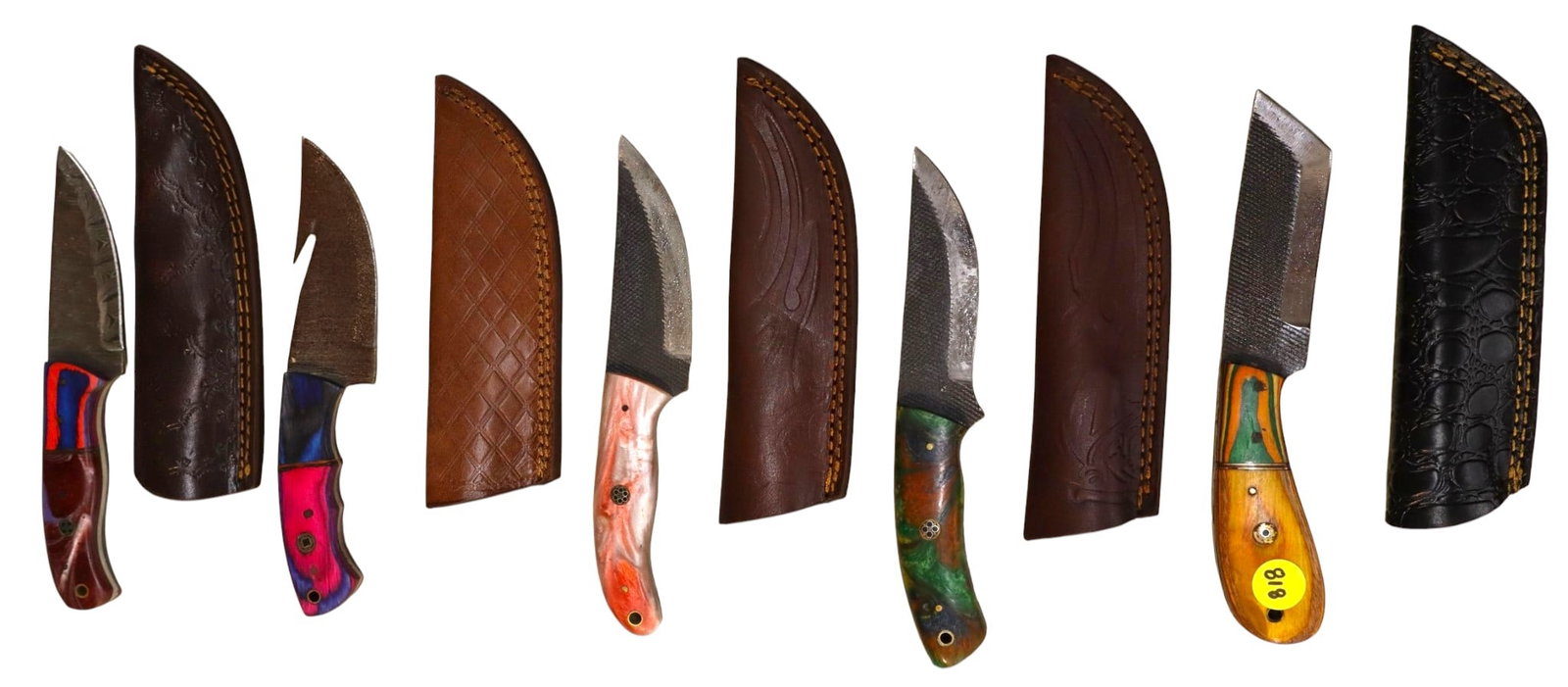 5 hand crafted damascus knives, sheaths w/belt loops: 5 hand crafted knives with damascus blades and sheaths with belt loops approximately 9.5"