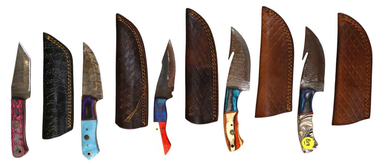 5 hand crafted damascus knives, sheaths w/belt loops: 5 hand crafted knives with damascus blades and sheaths with belt loops approximately 9.5"