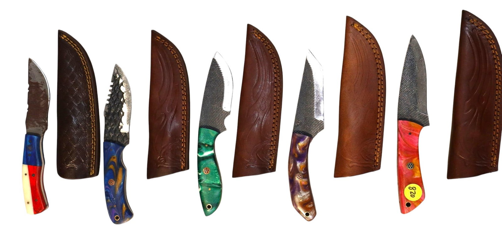 5 hand crafted damascus knives, sheaths w/belt loops (1 of 1)