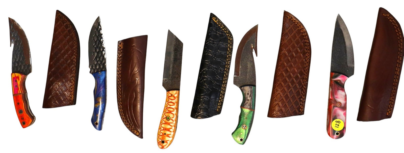 5 hand crafted damascus knives, sheaths w/belt loops: 5 hand crafted knives with damascus blades and sheaths with belt loops approximately 9.5"