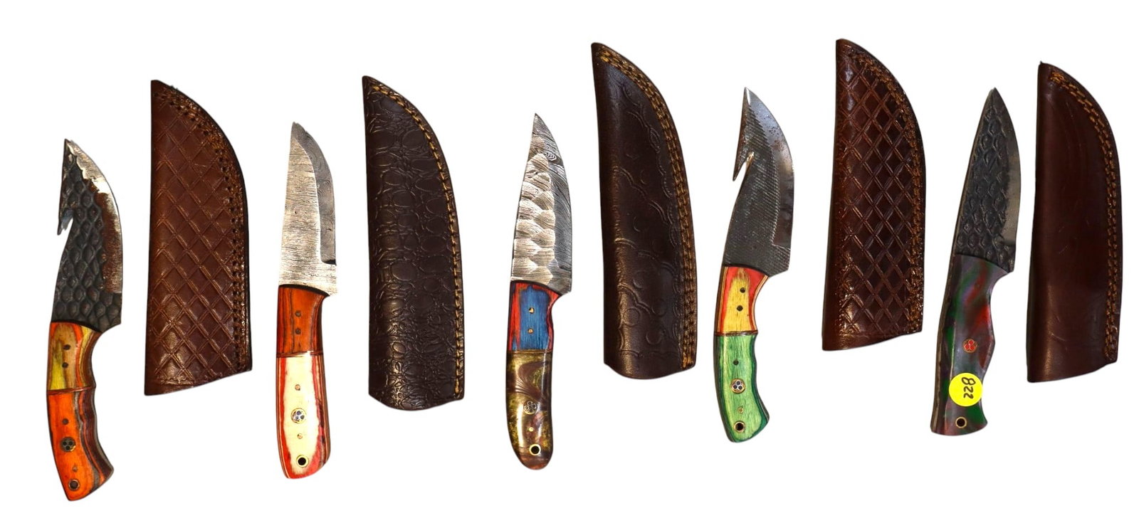 5 hand crafted damascus knives, sheaths w/belt loops: 5 hand crafted knives with damascus blades and sheaths with belt loops approximately 9.5"