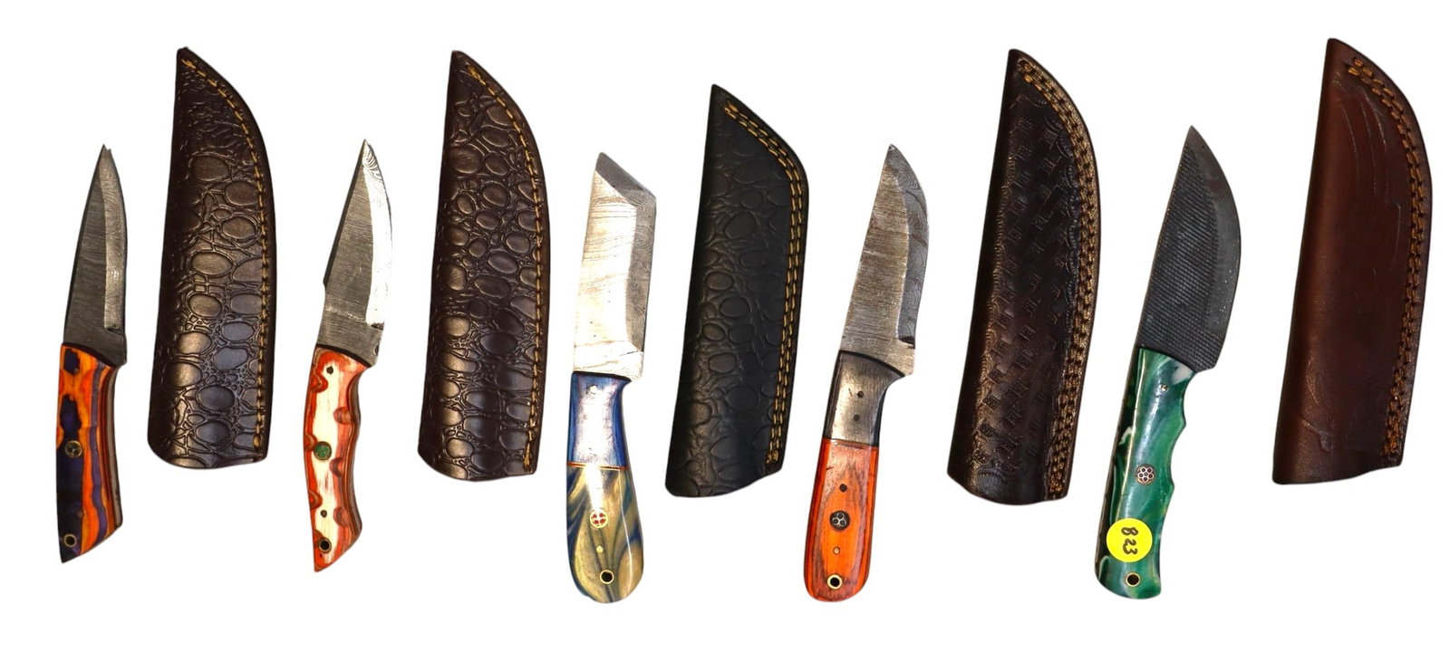 5 hand crafted damascus knives, sheaths w/belt loops: 5 hand crafted knives with damascus blades and sheaths with belt loops approximately 9.5"