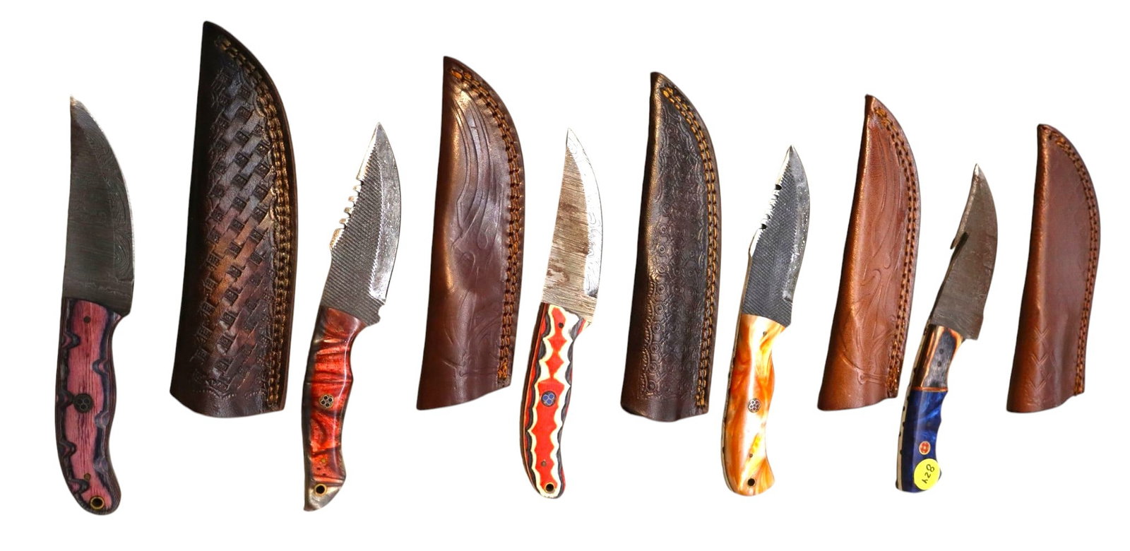 5 hand crafted damascus knives, sheaths w/belt loops: 5 hand crafted knives with damascus blades and sheaths with belt loops approximately 9.5"