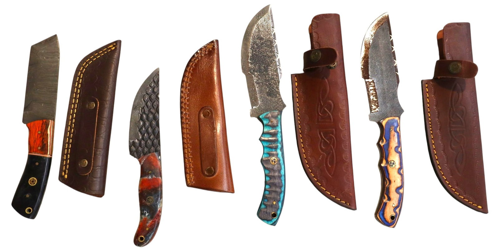 4 hand crafted damascus knives, sheaths w/belt loops (1 of 1)