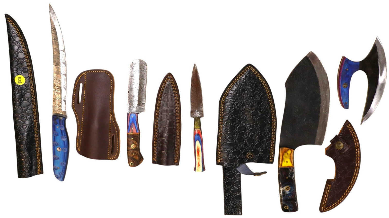 5 hand crafted damascus filet, chopper, cleaver & other: 5 hand crafted knives with damascus blades and sheaths with belt loops, filet, chopper, cleaver and other