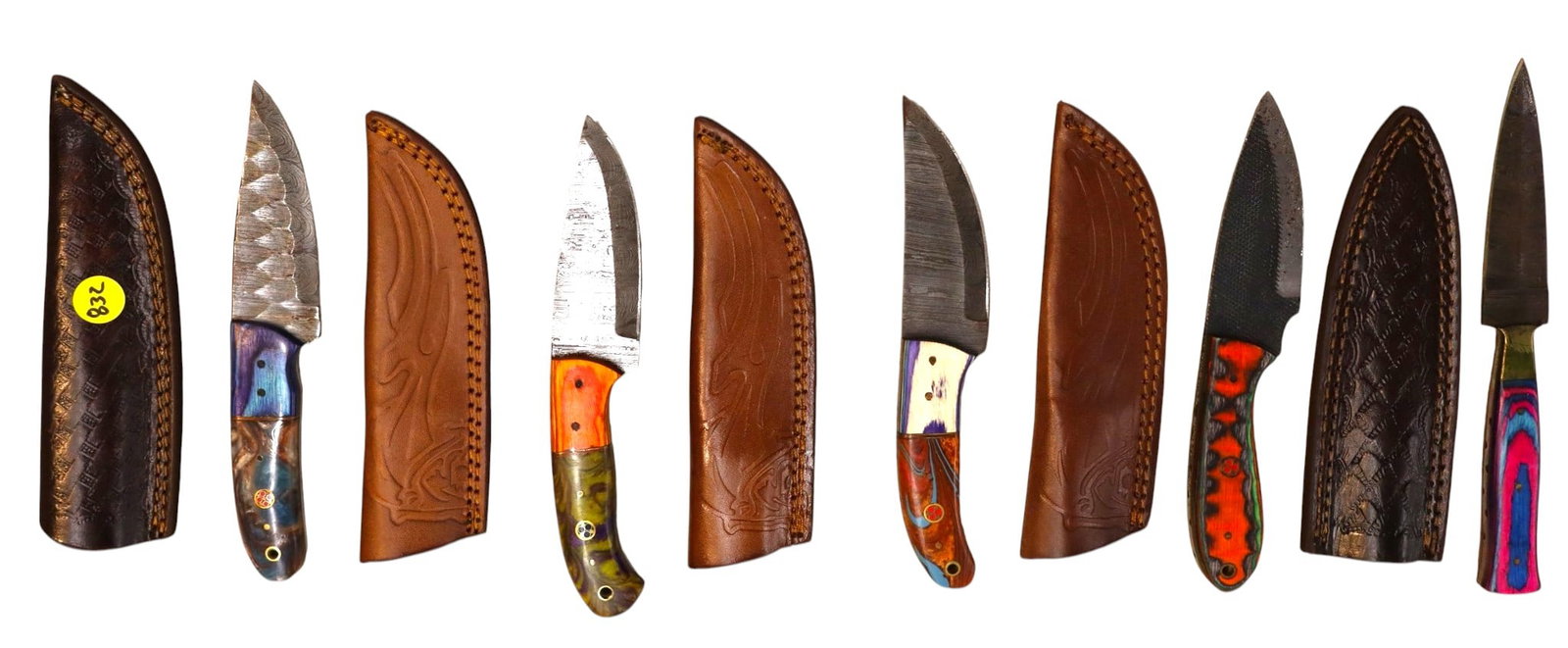 5 hand crafted damascus knives, sheaths w/belt loops (1 of 1)