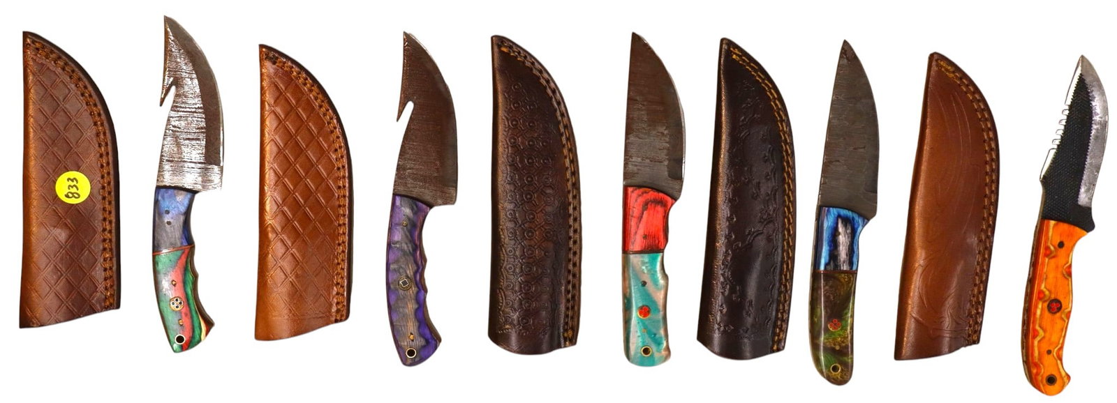 5 hand crafted damascus knives, sheaths w/belt loops (1 of 1)