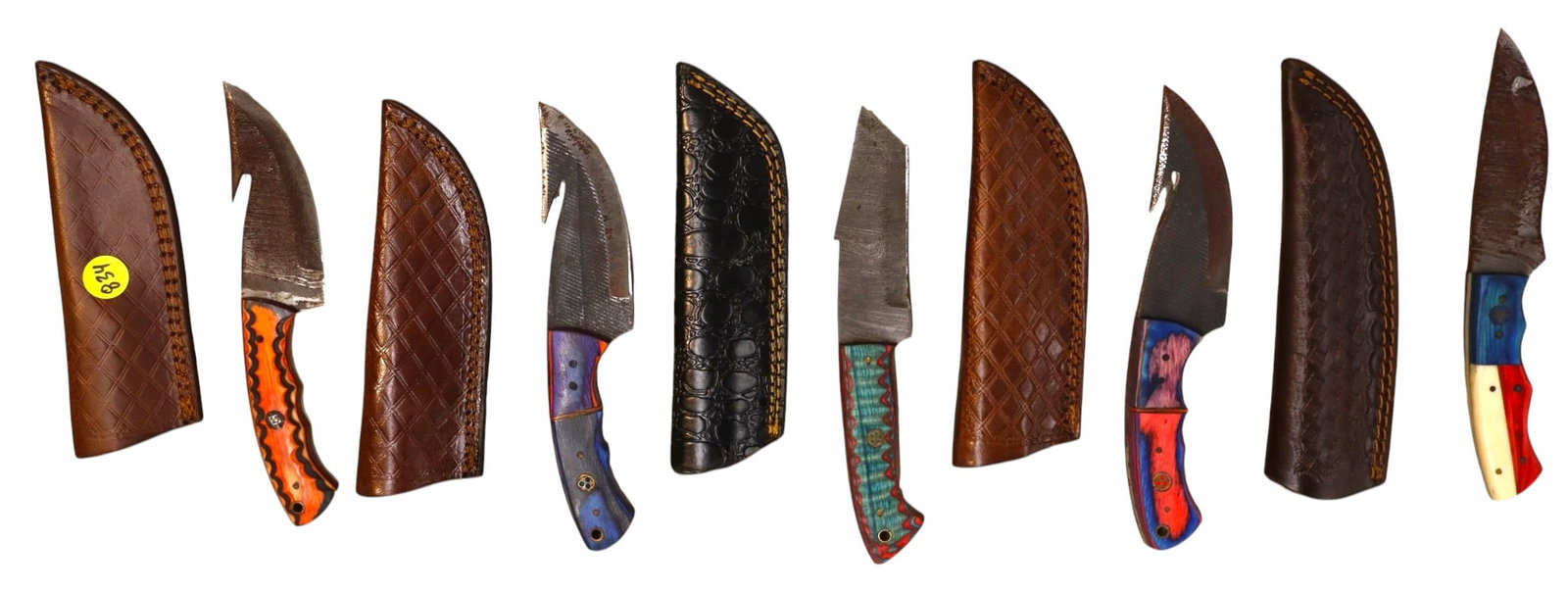 5 hand crafted damascus knives, sheaths w/belt loops (1 of 1)