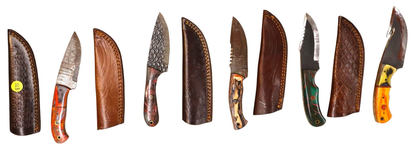 5 hand crafted damascus knives, sheaths w/belt loops: 5 hand crafted knives with damascus blades and sheath with belt loops approximately 9"