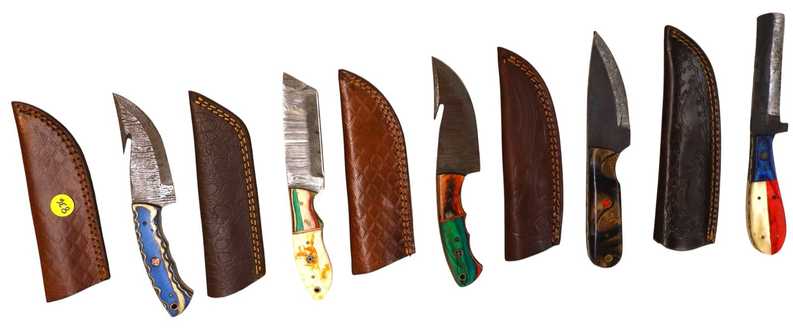 5 hand crafted damascus knives, sheaths w/belt loops (1 of 1)