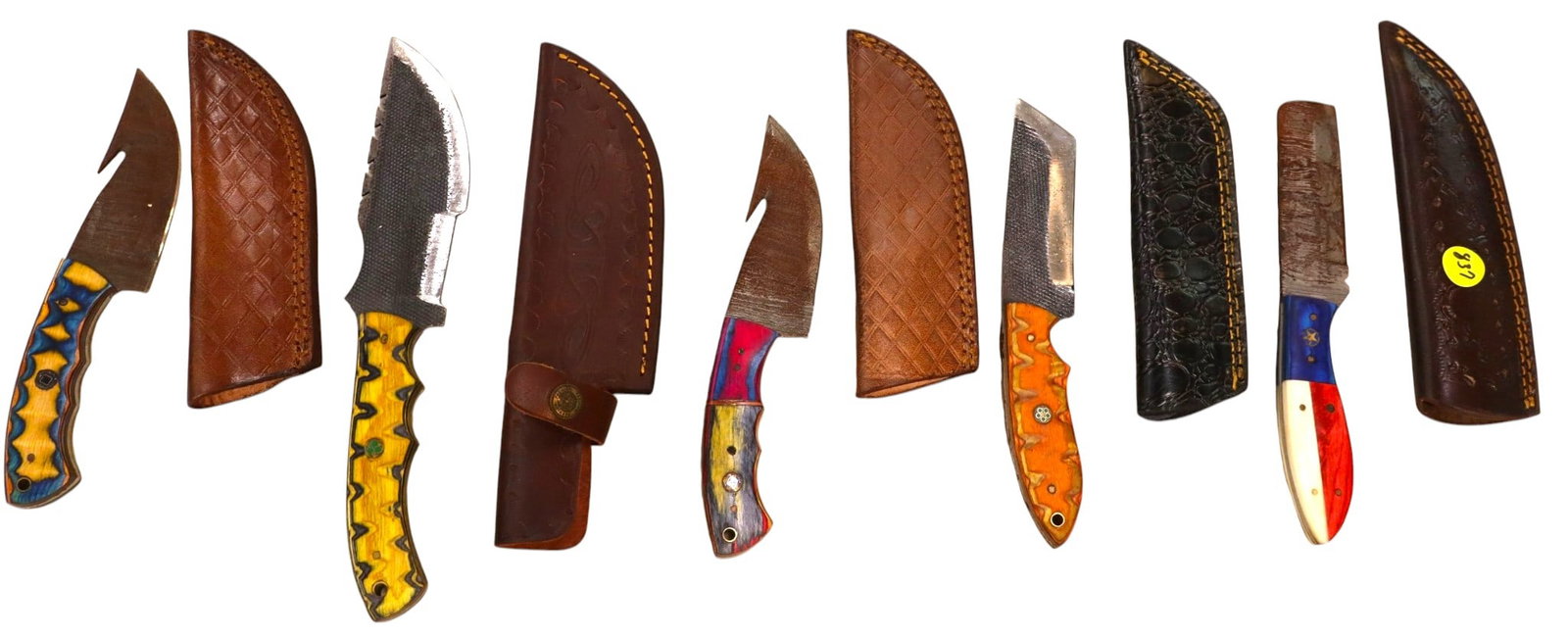 5 hand crafted damascus knives, sheaths w/belt loops (1 of 1)