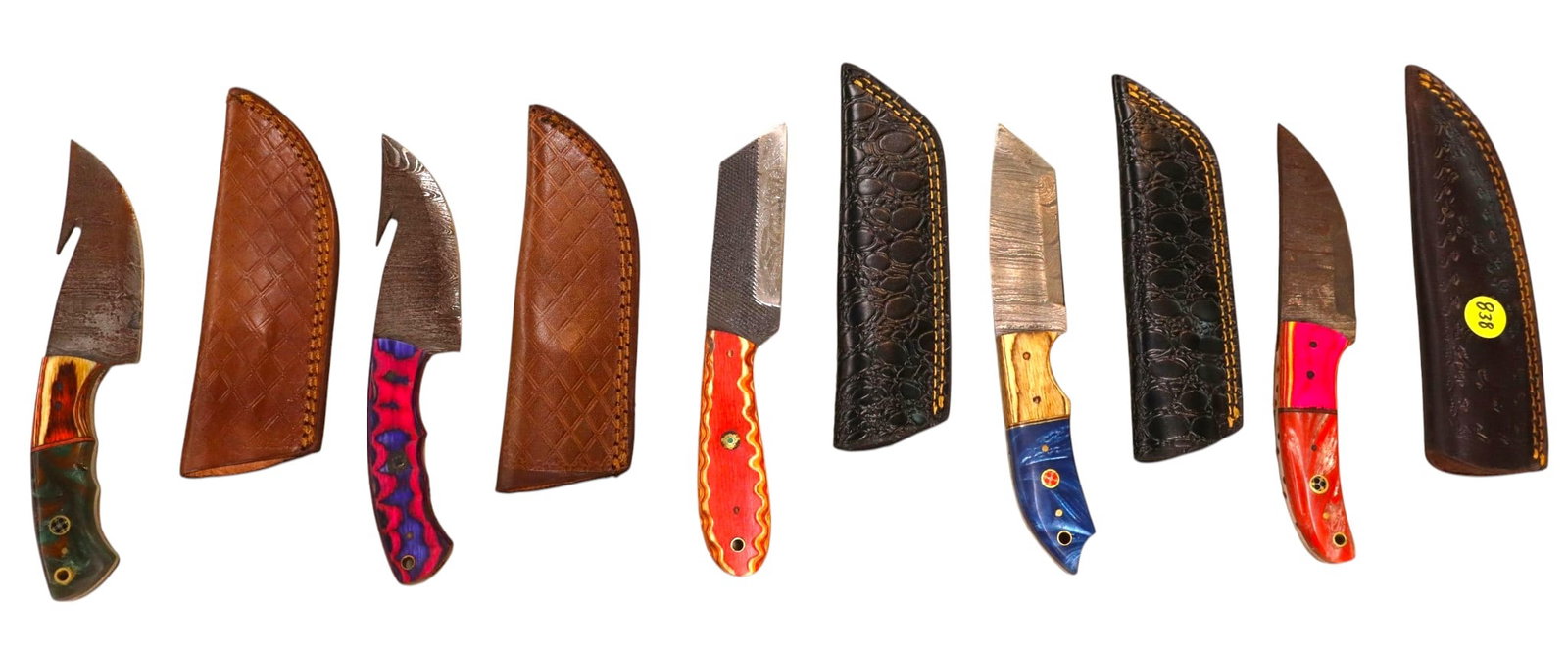 5 hand crafted damascus knives, sheaths w/belt loops: 5 hand crafted knives with damascus blades and sheath with belt loops approximately 9"