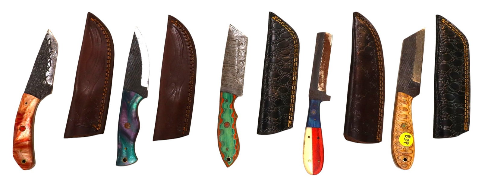 5 hand crafted damascus knives, sheaths w/belt loops (1 of 1)