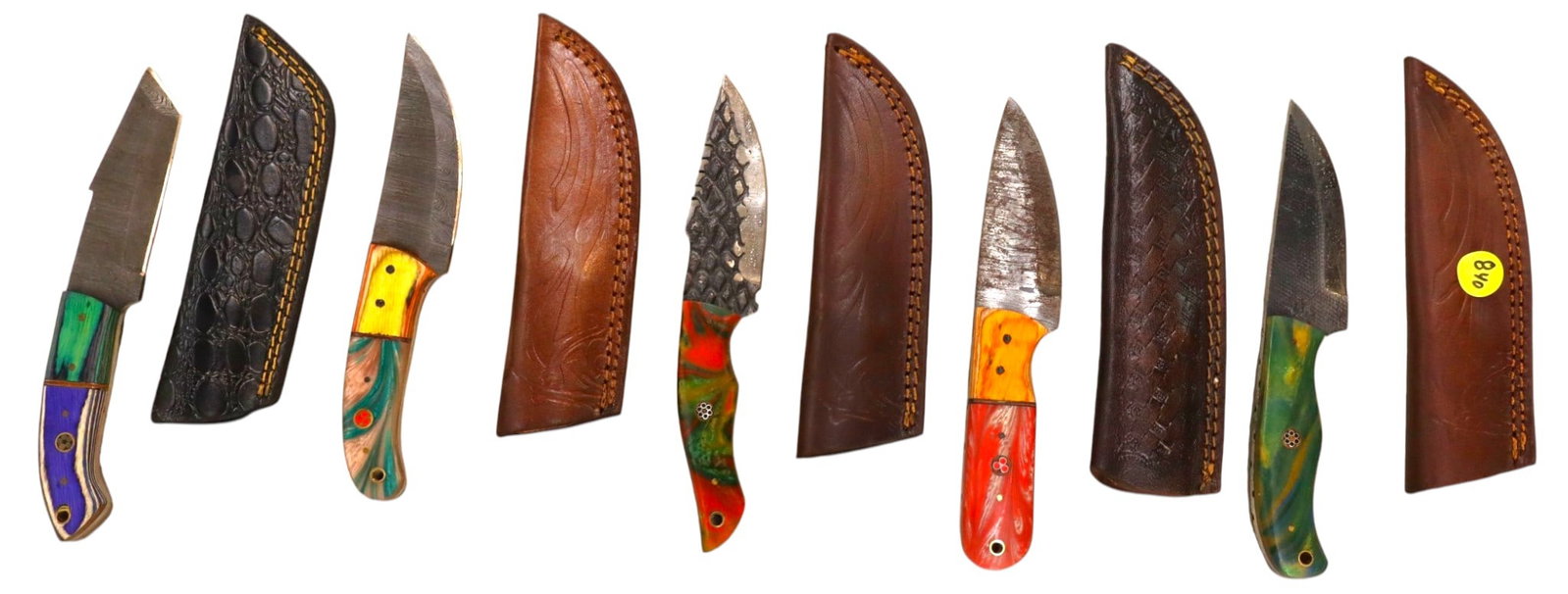 5 hand crafted damascus knives, sheaths w/belt loops (1 of 1)