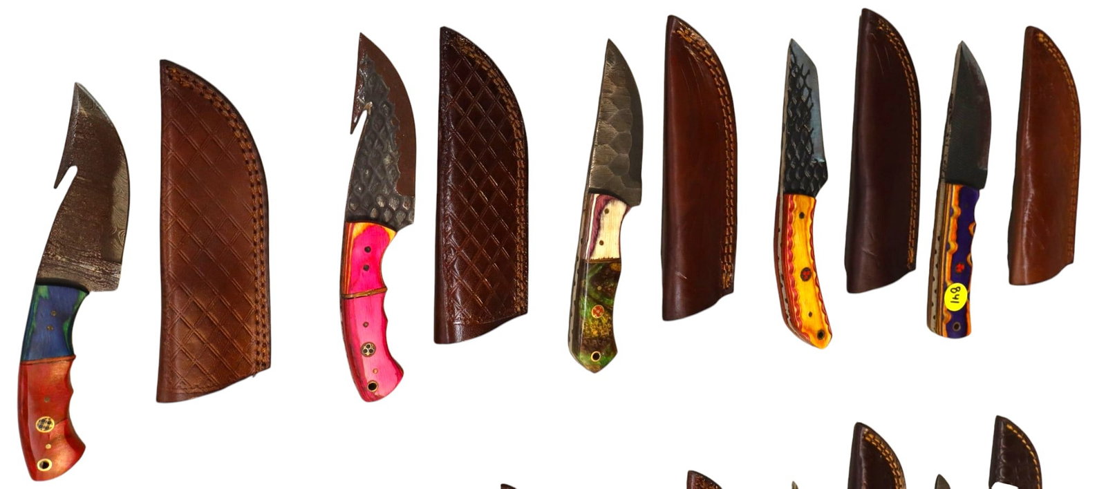 5 hand crafted damascus knives, sheaths w/belt loops (1 of 1)
