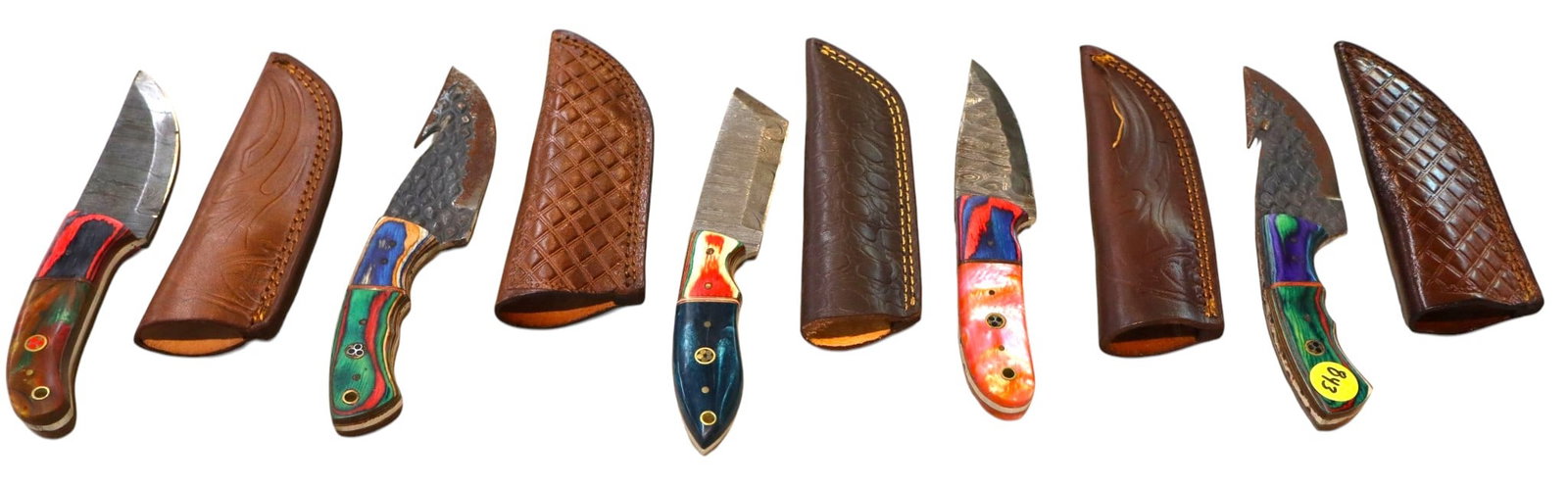 5 hand crafted damascus knives, sheaths w/belt loops (1 of 1)