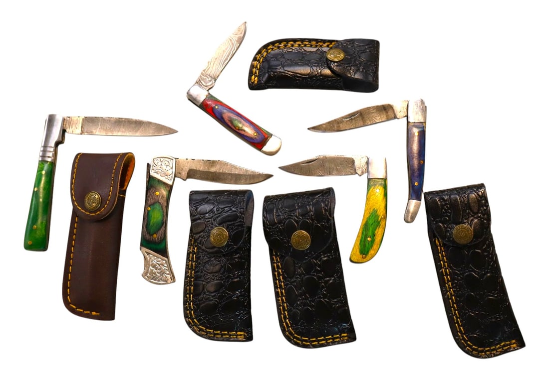 5 hand crafted damascus knives, sheaths w/belt loops (1 of 1)