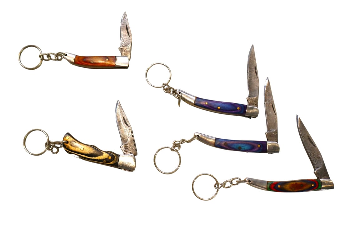 5 damascus hand crafted folding knife key chains (1 of 1)