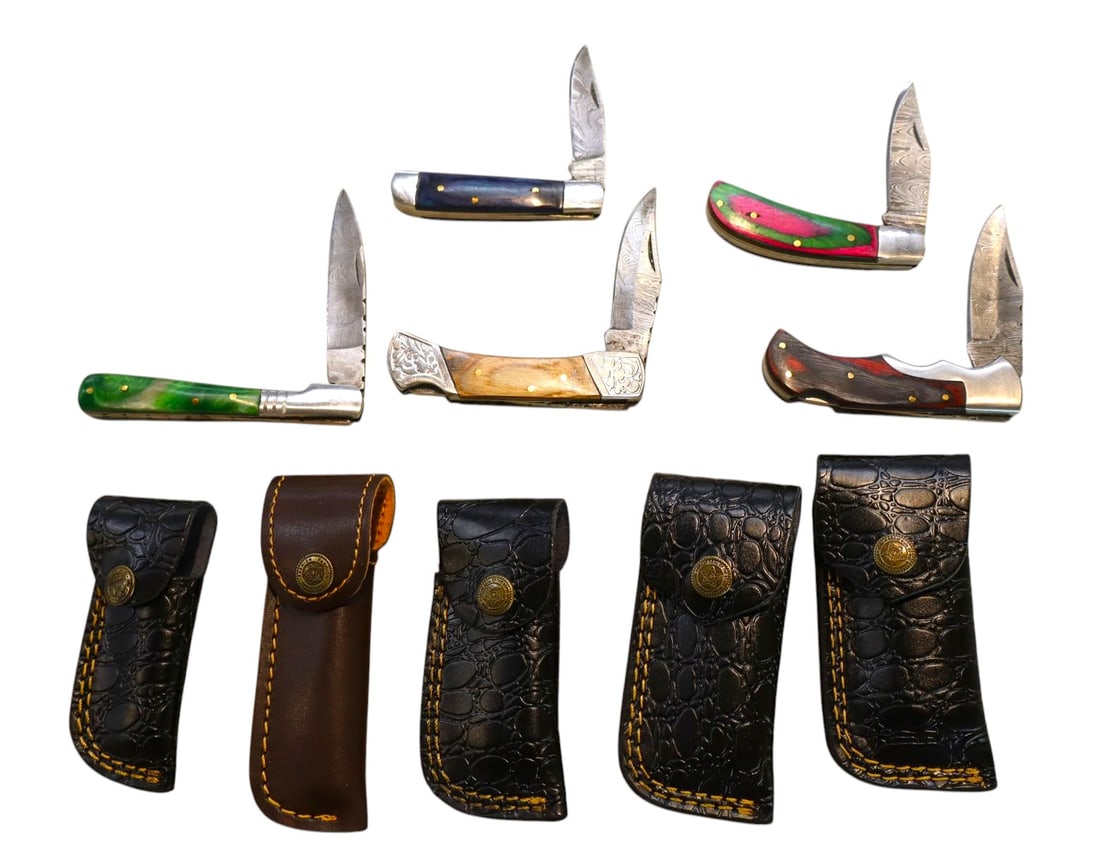 5 hand crafted damascus knives, sheaths w/belt loops (1 of 1)