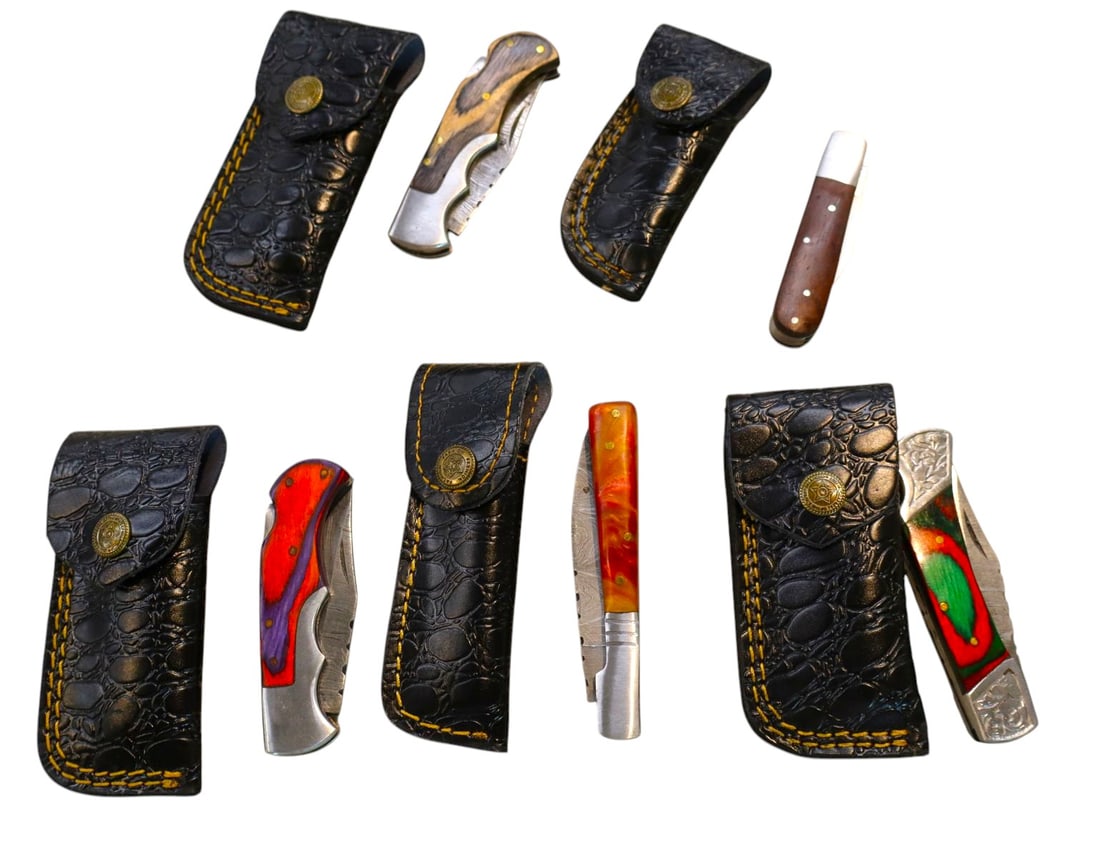 5 hand crafted damascus knives, sheaths w/belt loops (1 of 1)