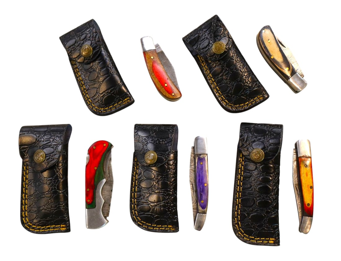 5 hand crafted damascus knives, sheaths w/belt loops (1 of 1)
