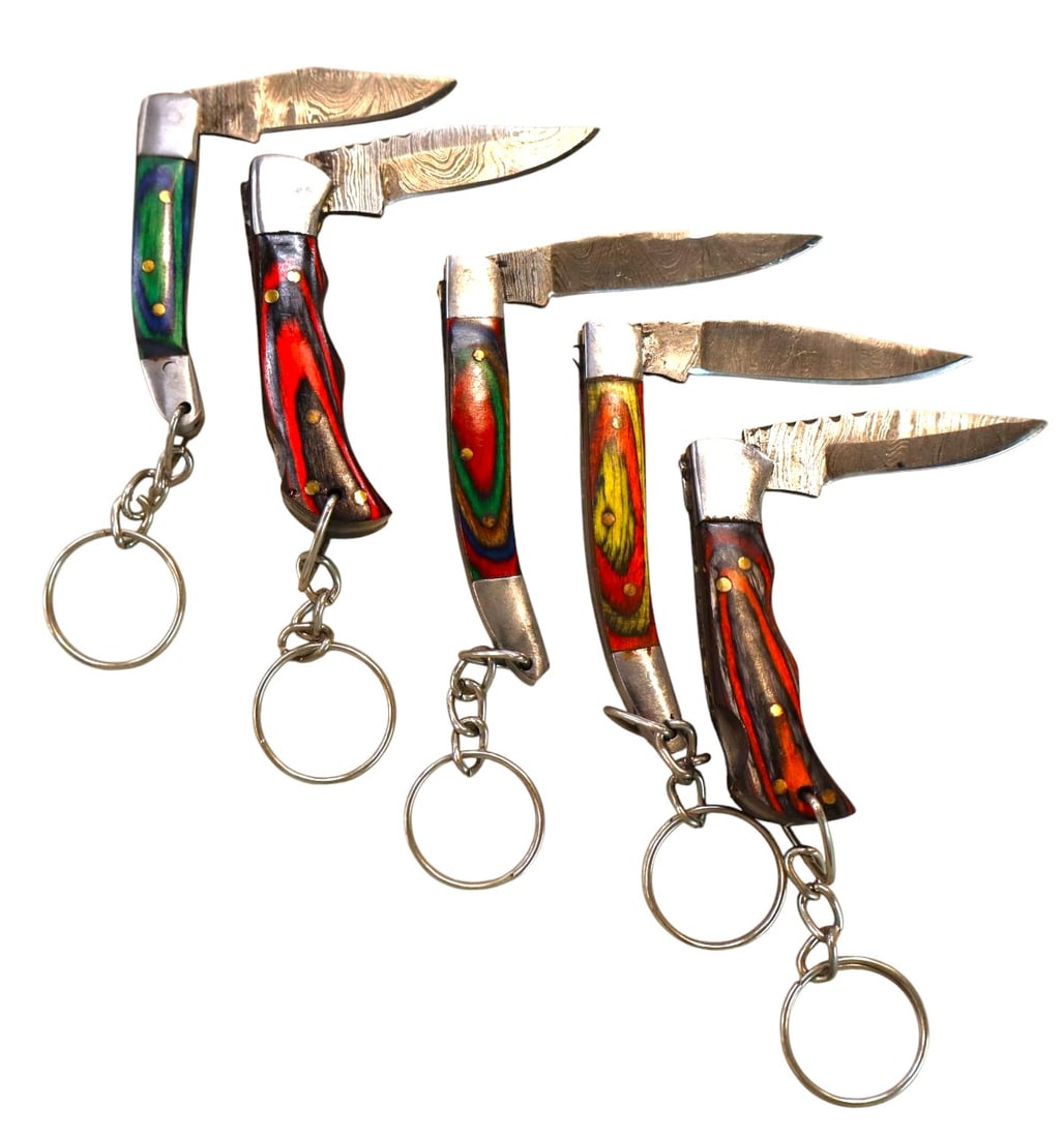 5 hand crafted damascus folding knife key chains (1 of 1)