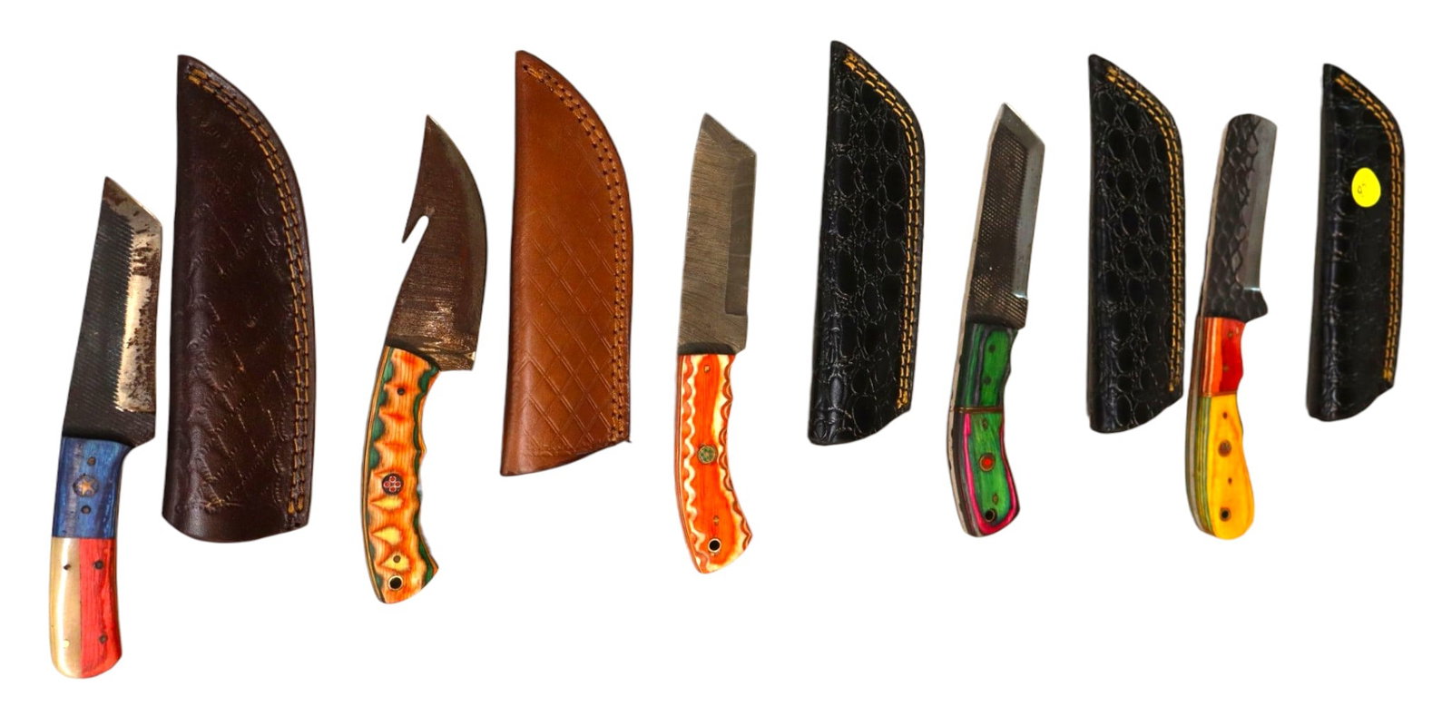5 hand crafted damascus knives, sheaths w/belt loops (1 of 1)