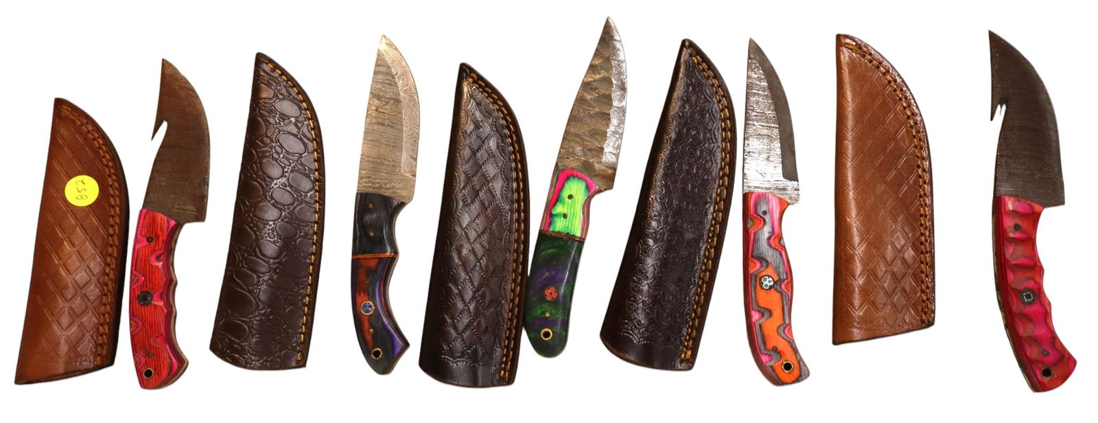 5 hand crafted damascus knives, sheaths w/belt loops (1 of 1)
