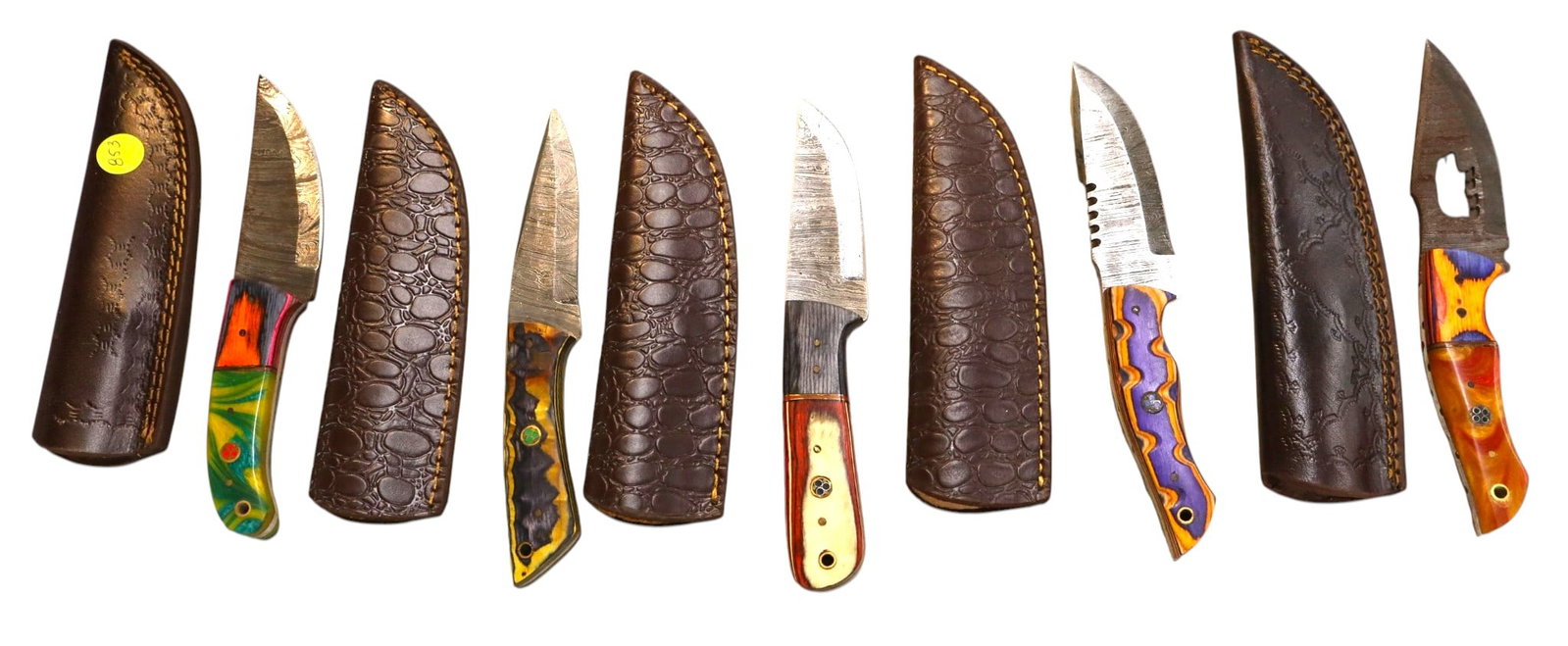 5 hand crafted damascus knives, sheaths w/belt loops (1 of 1)