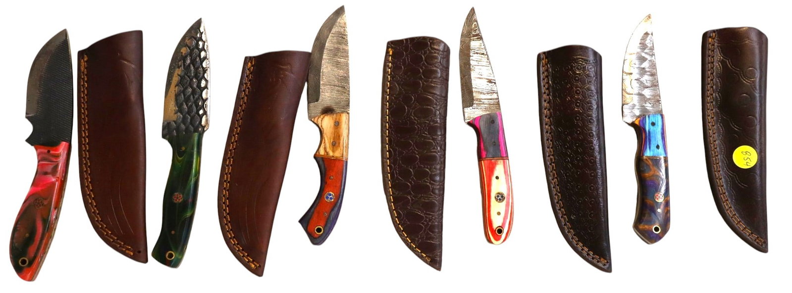 5 hand crafted damascus knives, sheaths w/belt loops (1 of 1)