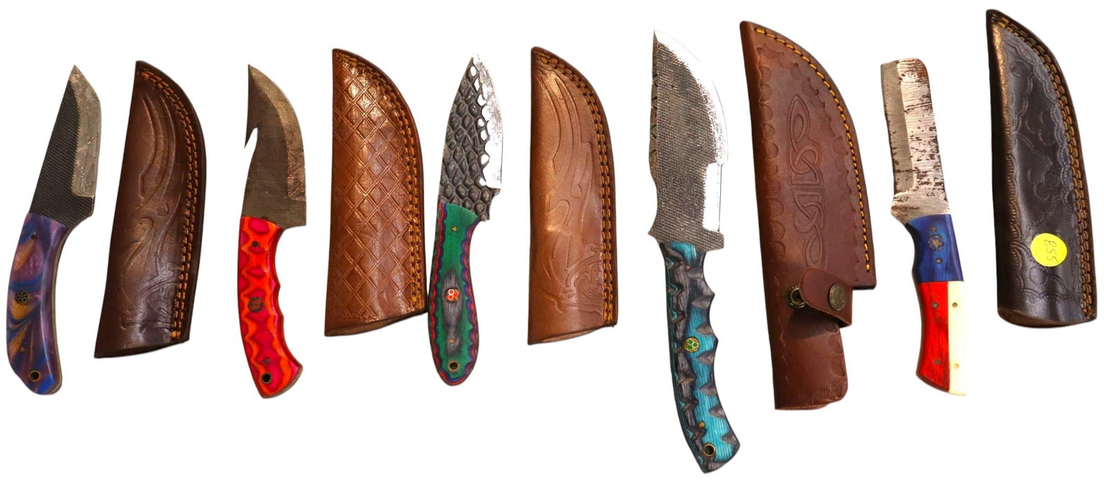 5 hand crafted damascus knives, sheaths w/belt loops (1 of 1)