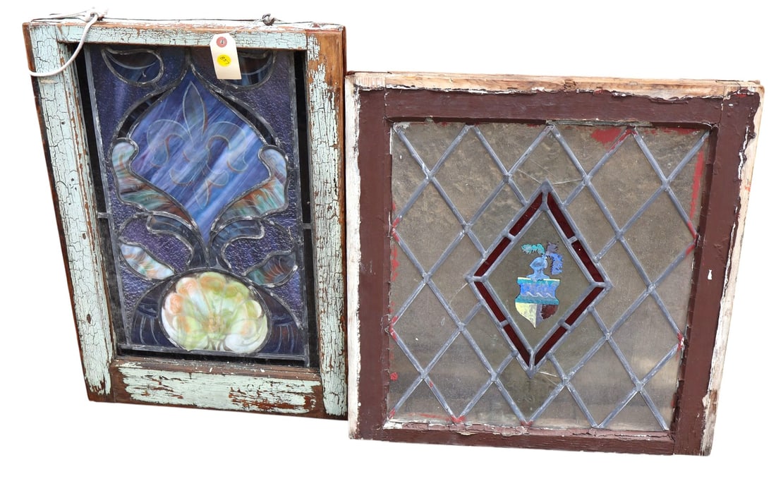 2 antique lead glass windows in frame (1 of 4)