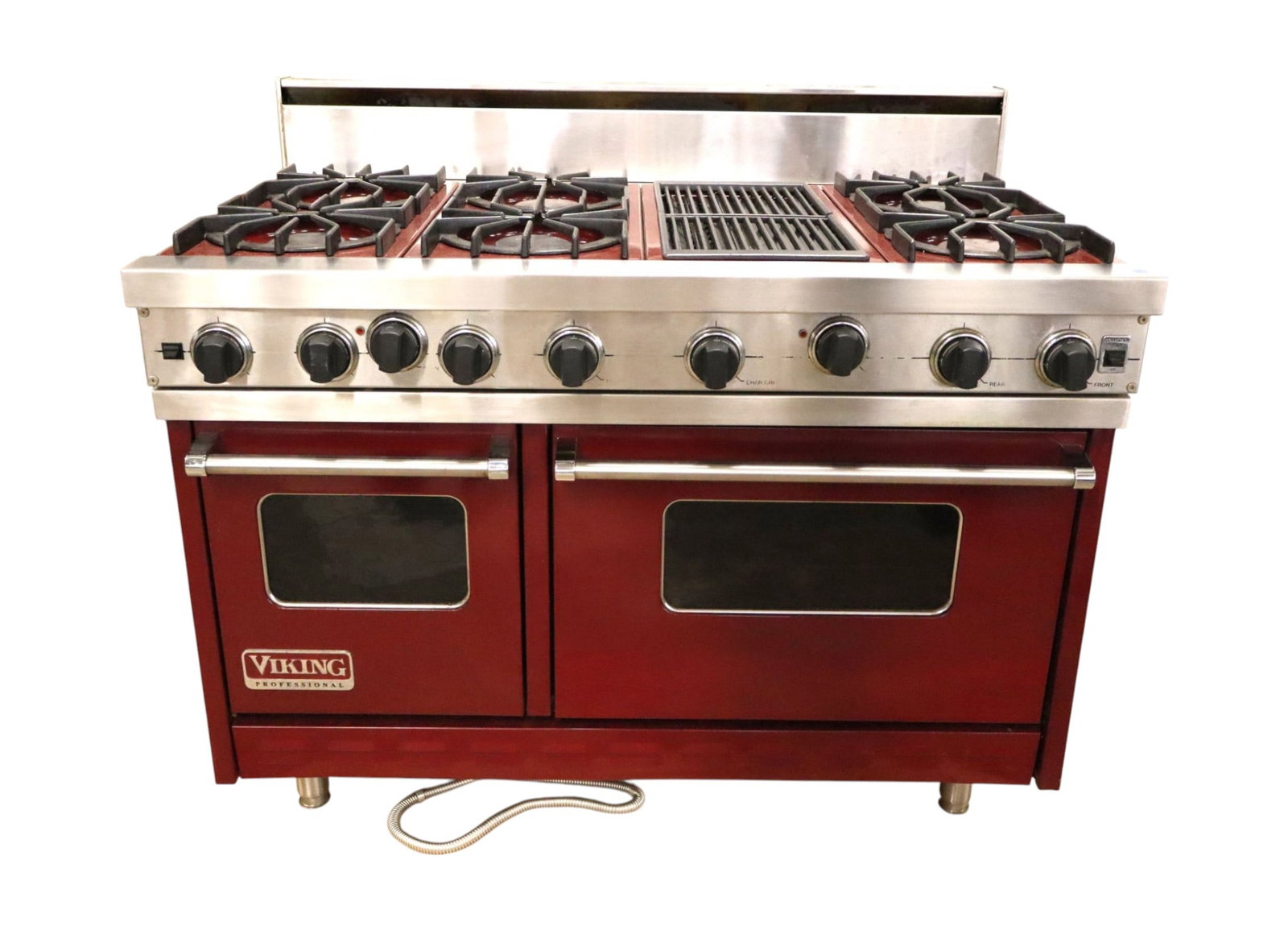 Viking professional 48" double oven stove range in stainless steel wine color six top burners and gr: Viking professional 48" double oven stove range in stainless steel wine color six top burners and grill station, structurally sound and in good condition, needs cleaned. 42.5"h x 48"w x 30"d