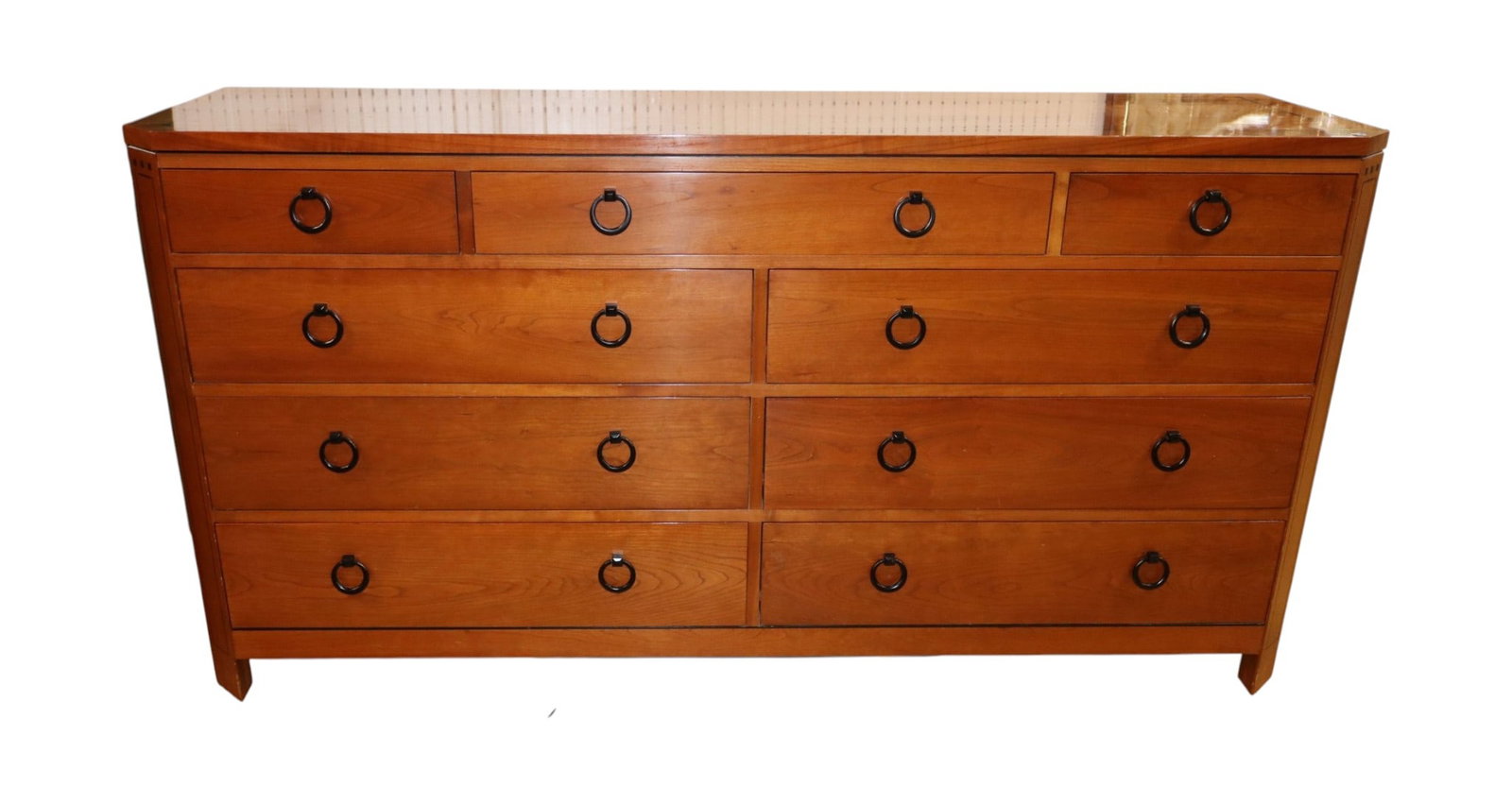 Stickley solid cherry 9 drawer low chest with ebony inlay original finish, 91 20077, Jan 22 2004: Stickley solid cherry 9 drawer low chest with ebony inlay original finish, 91 20077, Jan 22 2004, structurally sound and in good condition with slight wear on top. 35"h x 68.5"l x 19.5"d