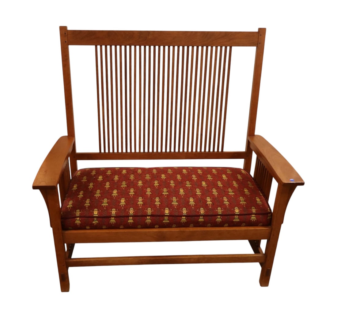 L. & J. G. Stickley solid cherry high back slatted settee, upholstery looks good, original finish (1 of 9)
