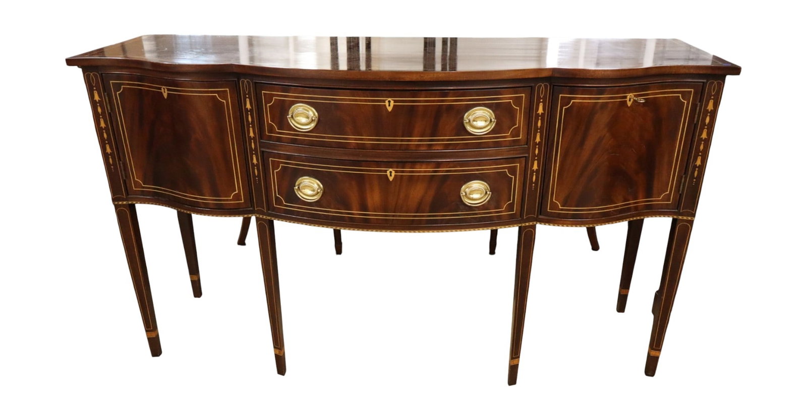 Stickley beautiful burl mahogany bell flower inlaid taper leg sideboard original finish, #4783, #7: Stickley beautiful burl mahogany bell flower inlaid taper leg sideboard, 2 drawer and 2 door, original finish, #4783, #7, Sept. 11, 2000, structurally sound and in good condition with slight wear on t