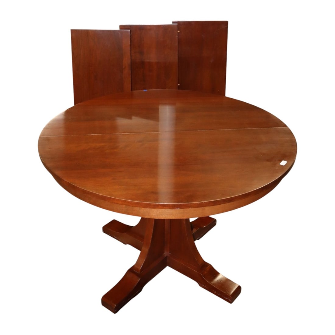 Stickley arts and crafts solid cherry 46" round breakfast table w/3 15" skirted leaves, SWS-0112505: Stickley arts and crafts solid cherry 46" round breakfast table with 3 15" skirted leaves, SWS-0112505, 01-713, #027, 091313, original finish, structurally sound and in good condition with slight wear