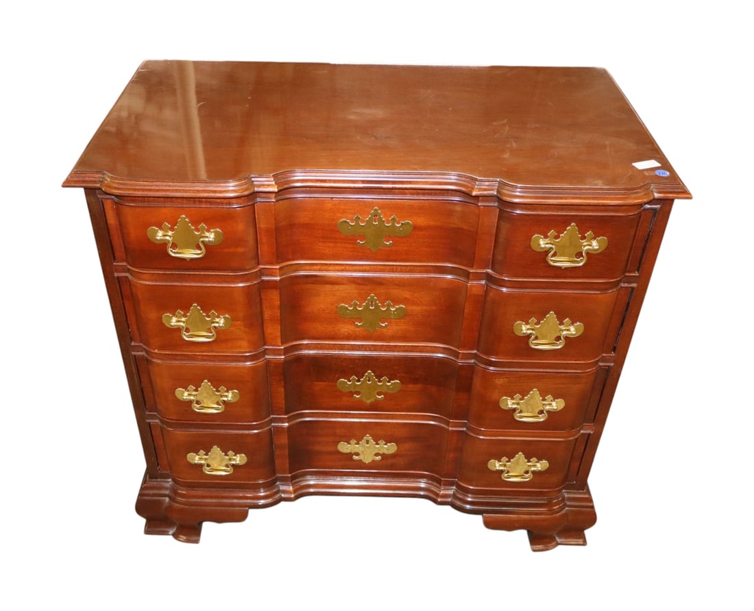 Beautiful Councill Furniture solid mahogany block front bachelors chest, original finish: Beautiful Councill Furniture solid mahogany block front bachelors chest, original finish, structurally sound and in good condition. 32"h x 35"w x 19"d