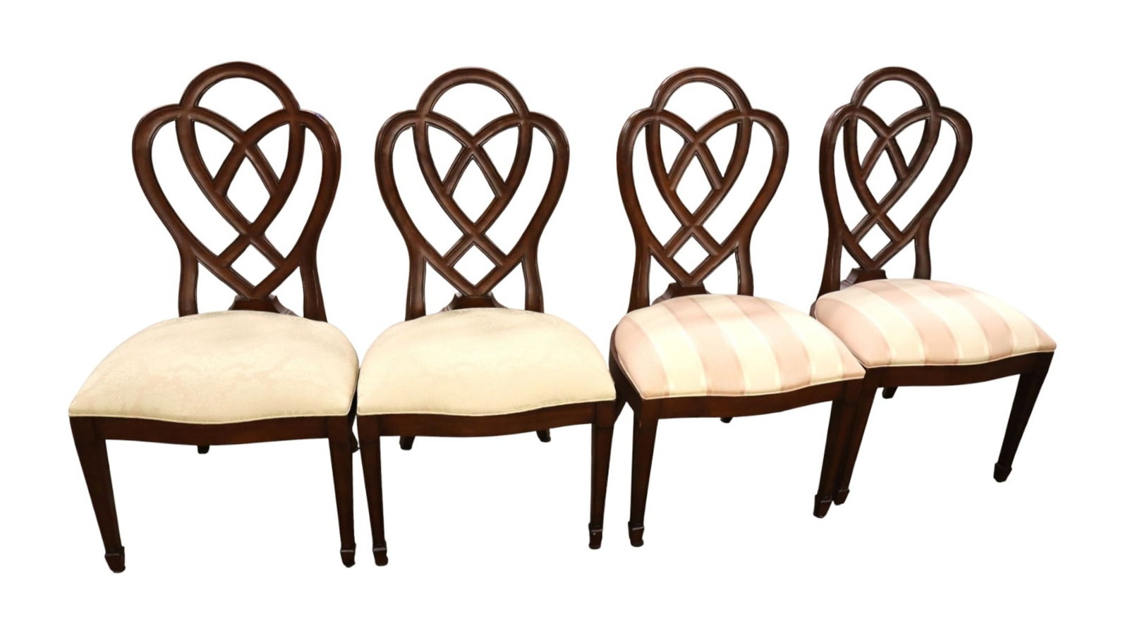 4 Ethan Allen Mahogany Sweetheart Dining Chairs: Ethan Allen set of 4 solid mahogany sweetheart back upholstered dining chairs, 1P136200, C6602, 1K34207402002, original finish, structurally sound and in good condition, upholstery looks good. Ea. 40"